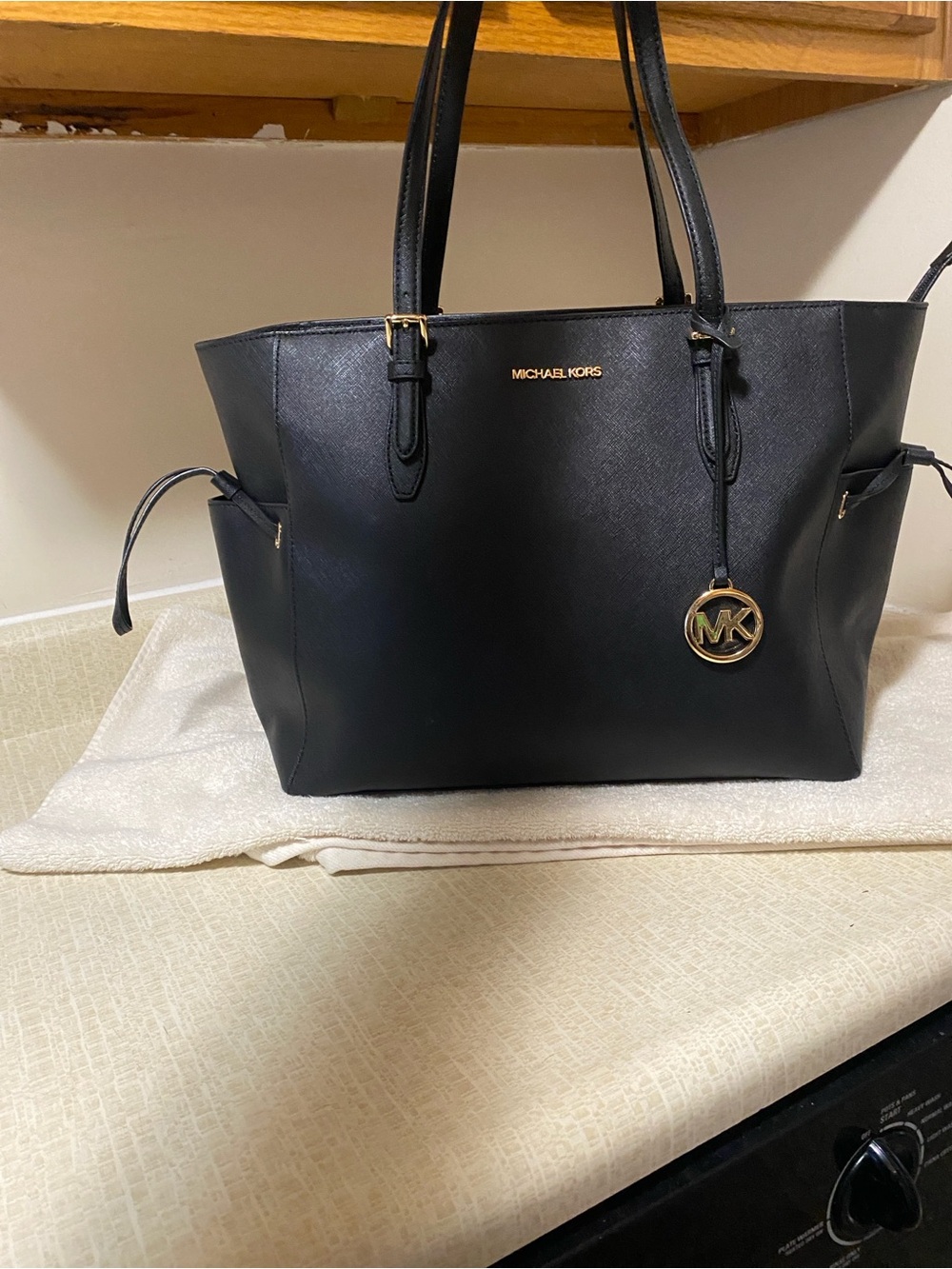 Michael Kors Black Saffiano Tote with Gold MK Charm